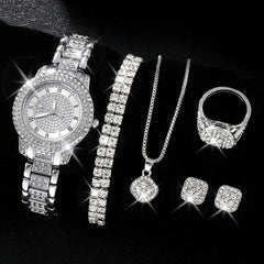 Luxury Cornucopia Diamond Women’s Quartz Watch Set with 5 Fashion Bracelets – Elegant European & American Style