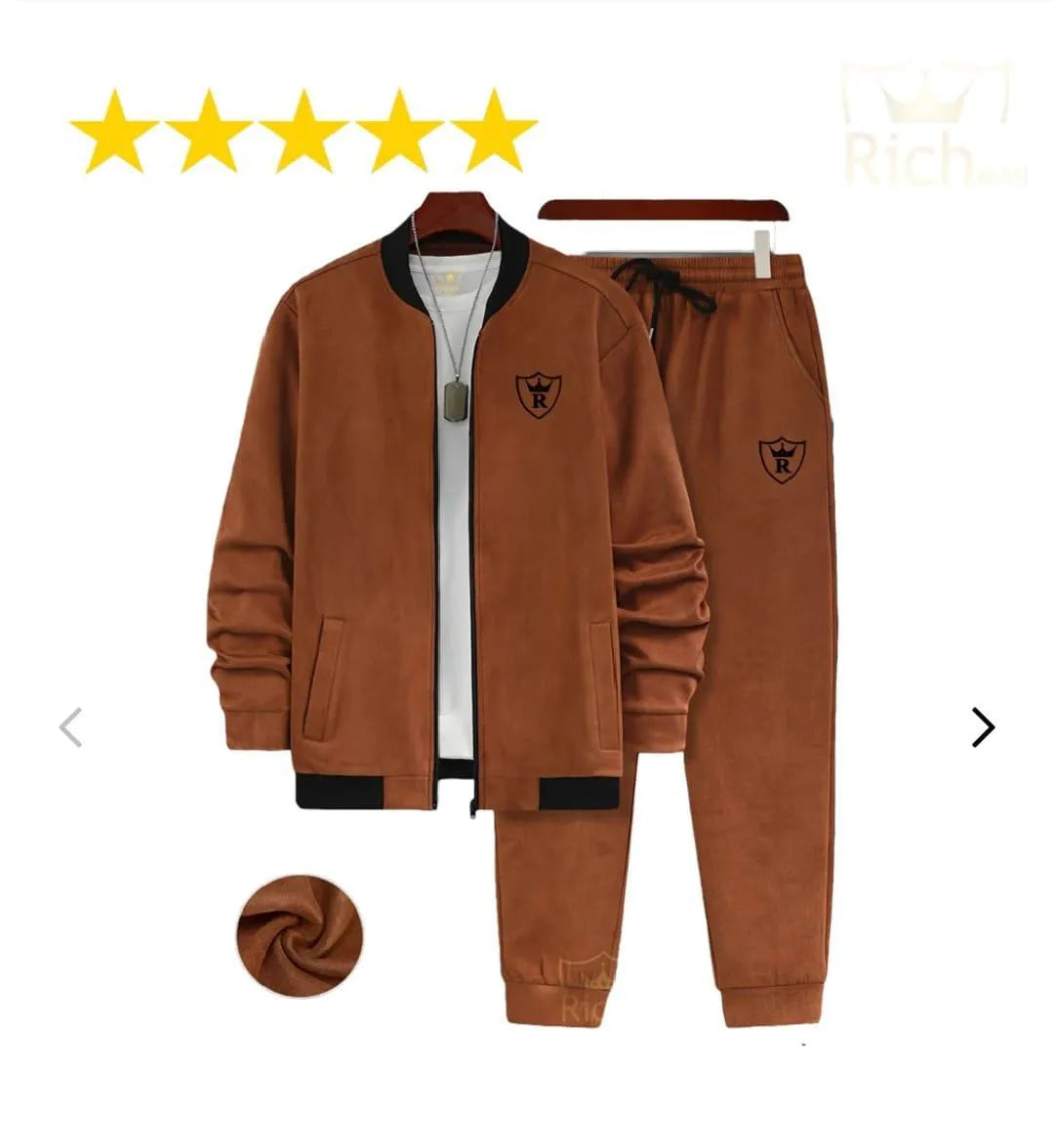 2 Pcs Men's Fleece Printed Zipper Track Suit